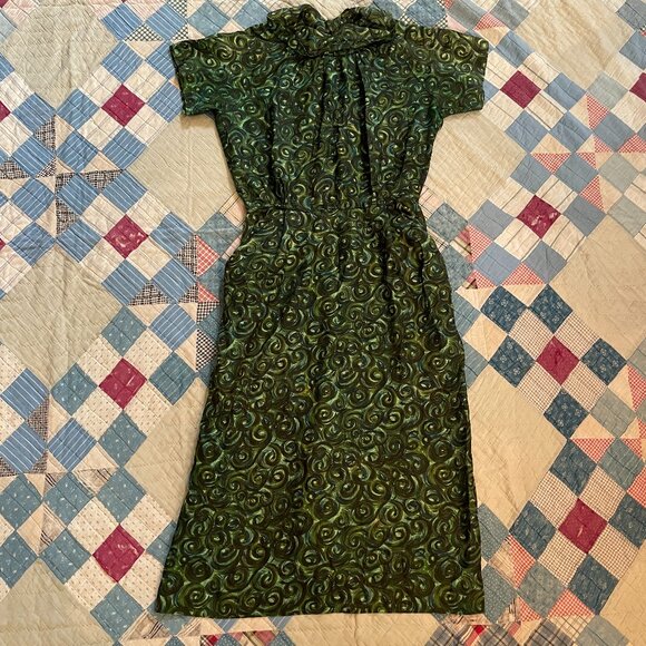 American Vintage Dresses & Skirts - Vintage 1960 Rayon Atomic Novelty Print Midi Wiggle Dress Pin UP Rockabilly Sm
